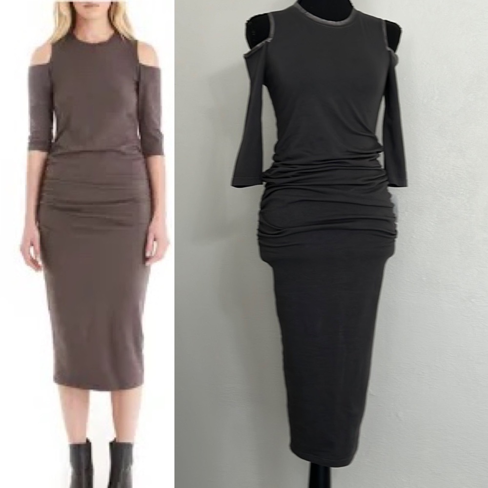 New! Michael Stars Ruched Cold Shoulder MIDI Dress Gray/Silver Size XS
